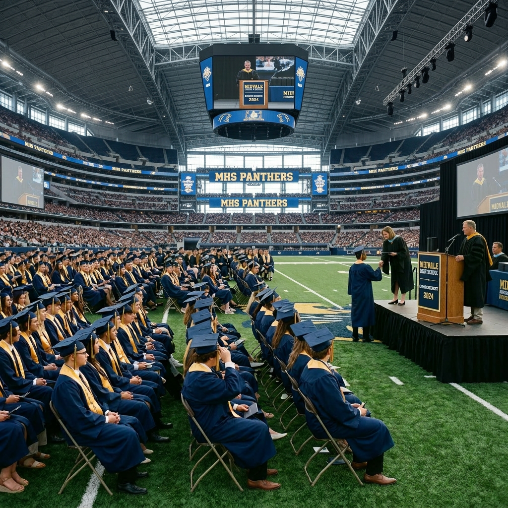 Students in navy caps and gowns sitting and receiving diplomas at MHS Panthers 2024 graduation